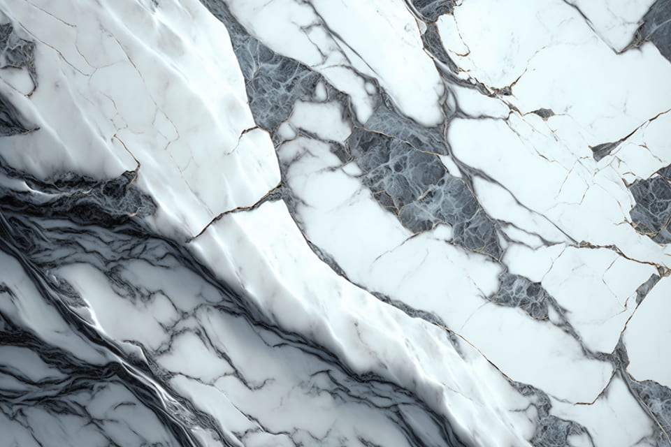 Close-up of white and grey veined marble