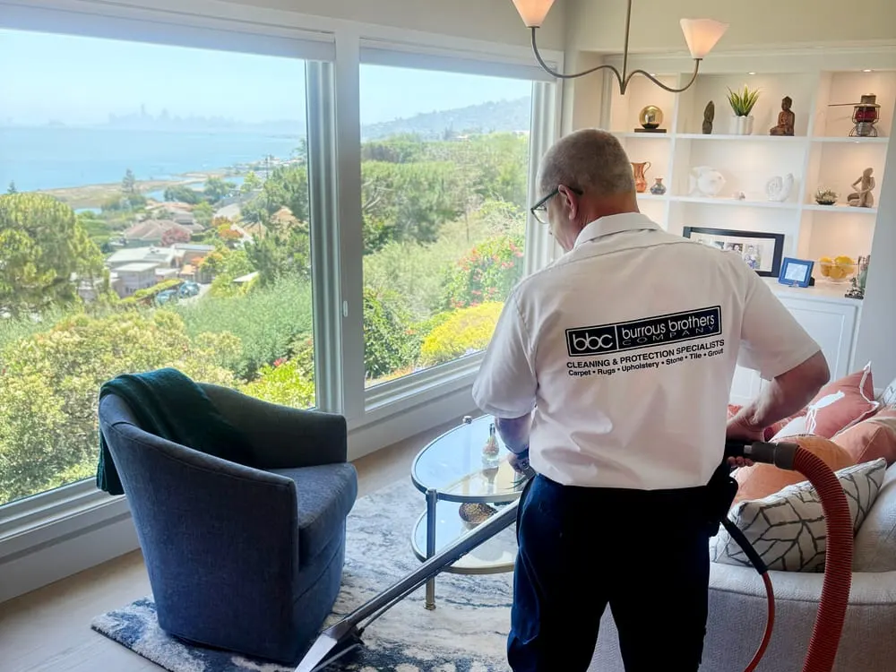 A Burrous Brothers technician cleaning an area rug in a Marin home with a bay view